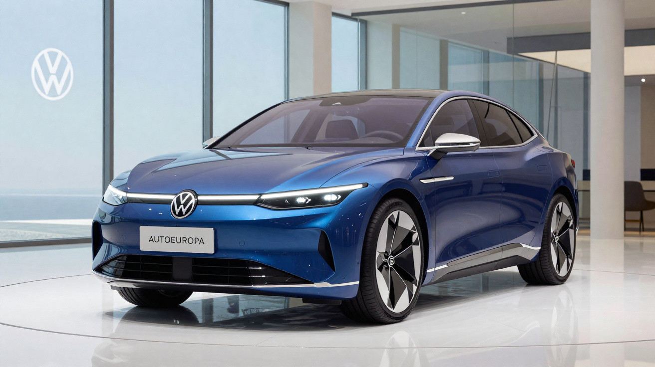 Carro elétrico Volkswagen azul moderno exibido em salão com piso branco e paredes de vidro.