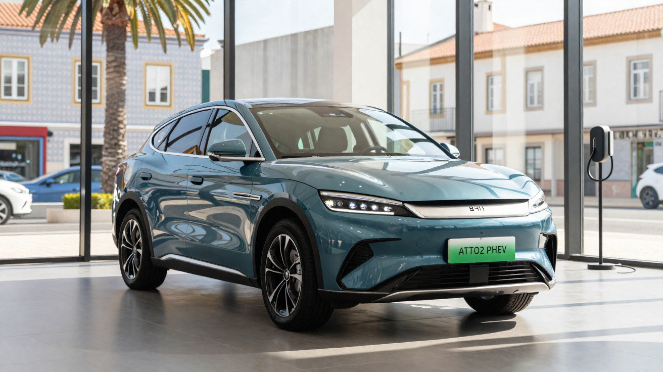 Carro elétrico azul exposto em showroom com vidro e edifícios ao fundo durante o dia.