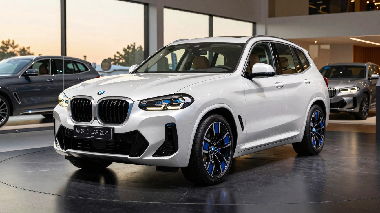 SUV BMW branco com detalhes azuis exposto em showroom moderno.