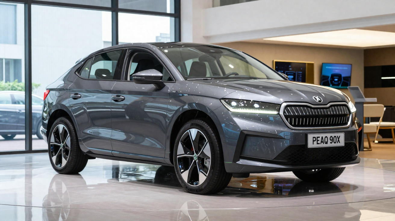 Carro elétrico cinza escuro Skoda PEAQ 90X em exposição interna com iluminação natural e artificial.