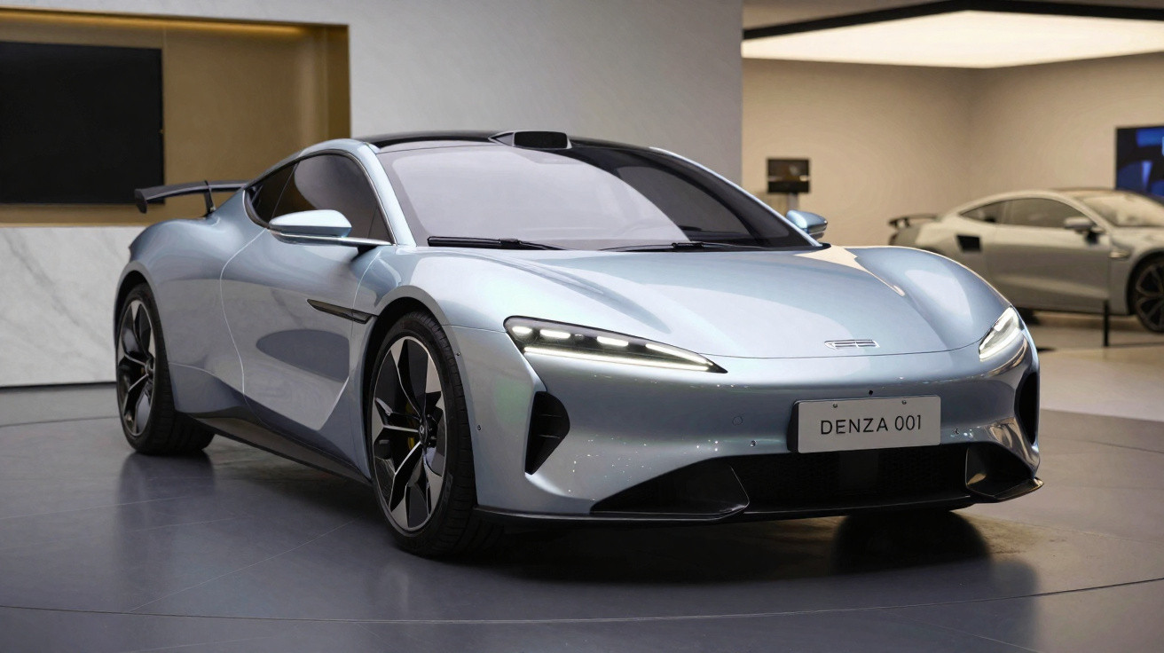 Carro esportivo elétrico prata Denza 001 exposto em showroom moderno.