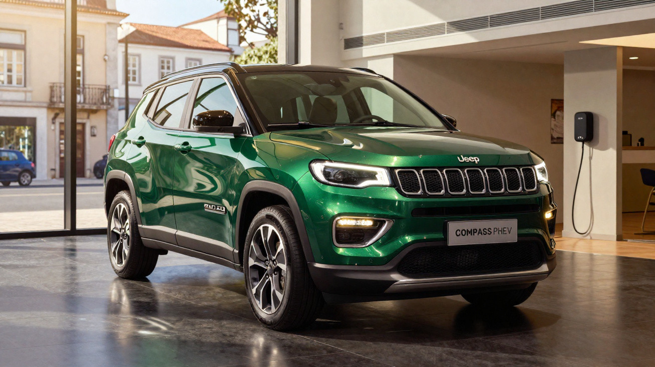 SUV Jeep Compass PHEV verde em showroom moderno com carregador elétrico na parede.