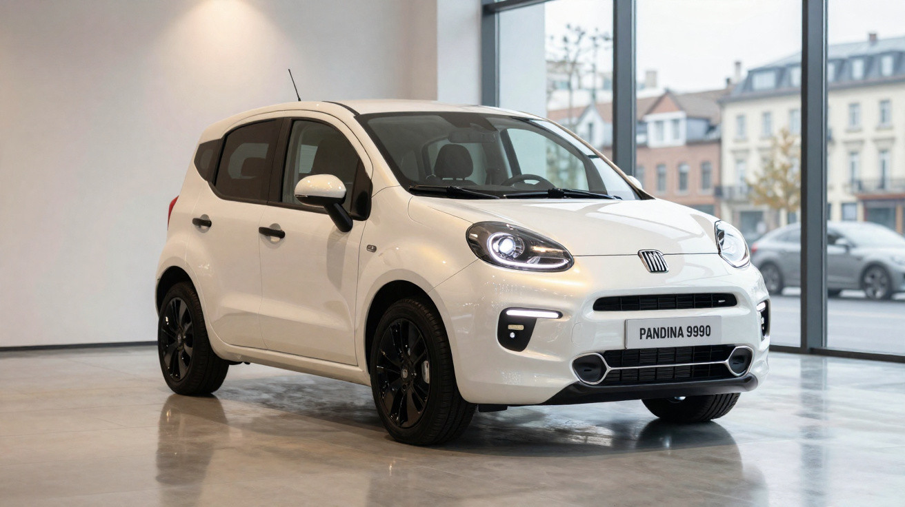 Carro branco Fiat Panda 2024 estacionado em ambiente interno moderno, com rodas pretas e faróis acesos.