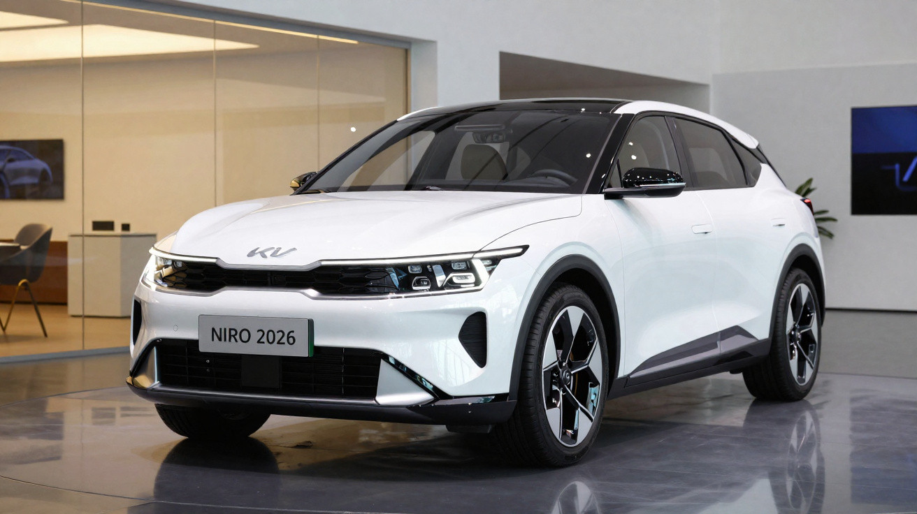 Carro branco Kia Niro 2026 elétrico exposto em showroom moderno e iluminado.