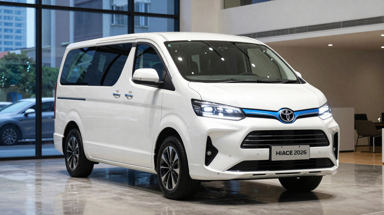 Van branca Toyota Hiace 2026 exibida em showroom moderno com vidros grandes ao fundo.