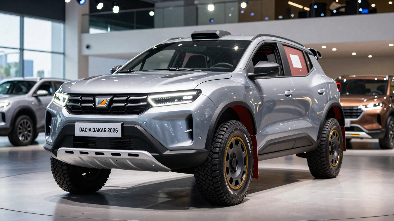 SUV cinza Dacia Dakar 2026 em exposição na concessionária, com pneus robustos e faróis acesos.