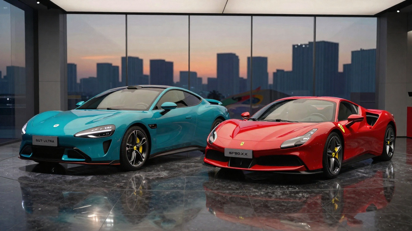 Dois carros esportivos, um azul e um vermelho, em chão refletivo com prédios ao fundo ao entardecer.