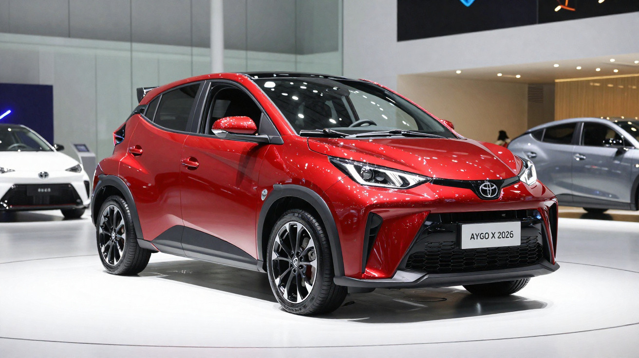 Carro compacto Toyota Aygo X 2026 vermelho exibido em stand de automóveis com iluminação brilhante.