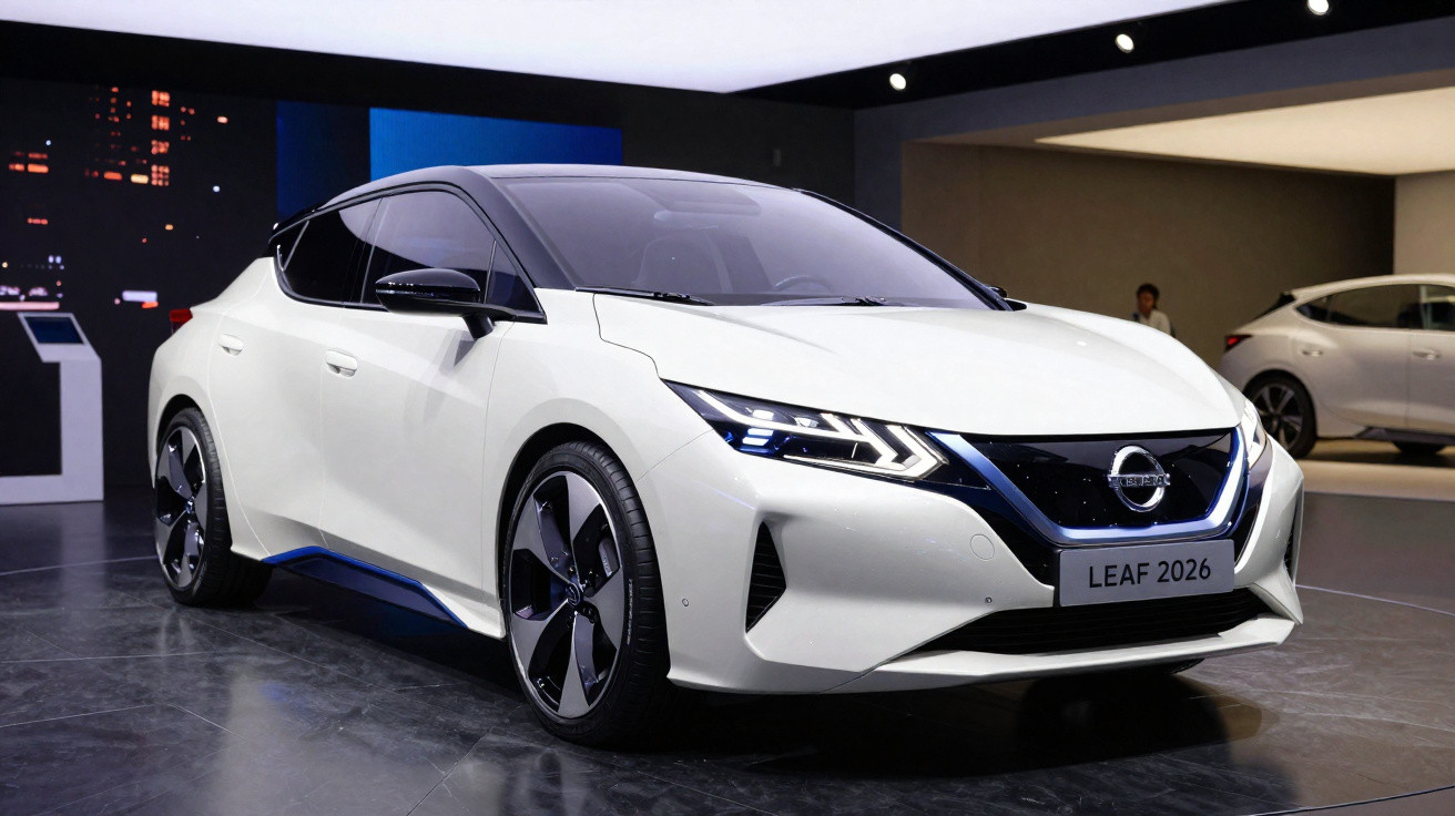 Carro elétrico Nissan Leaf 2026 branco exposto em salão automotivo com design moderno e faróis LED.