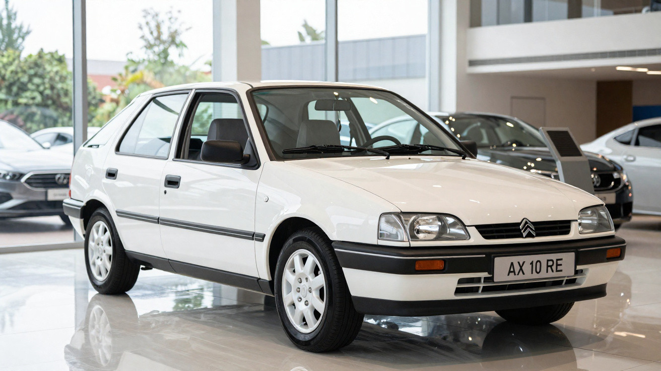 Carro branco Citroën AX 10 RE estacionado em showroom com piso refletivo e janelas de vidro ao fundo.
