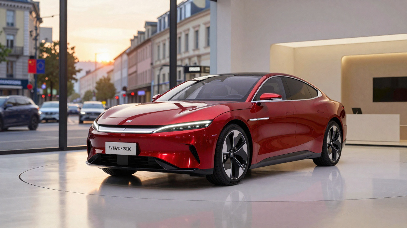Carro elétrico esportivo vermelho estacionado em showroom com fachada urbana ao fundo ao pôr do sol.