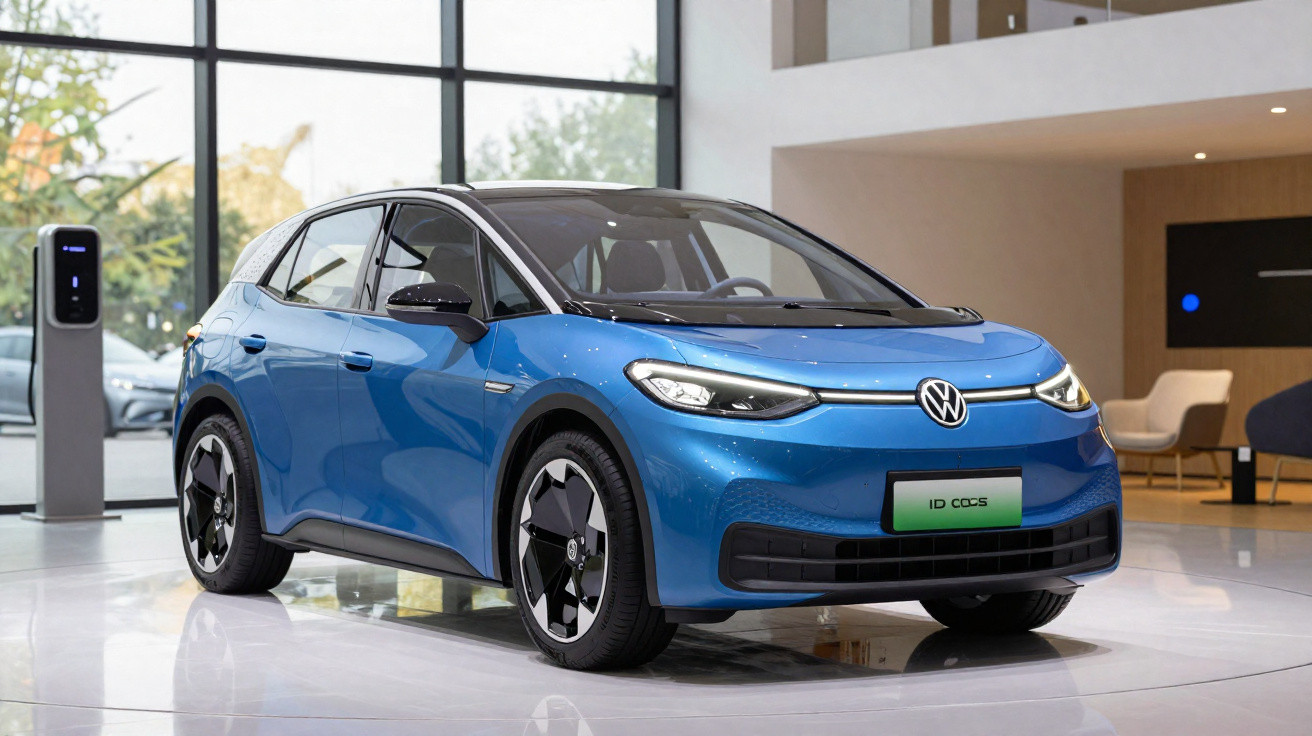 Carro elétrico Volkswagen ID.3 azul exibido em showroom moderno com paredes de vidro e carregador elétrico.