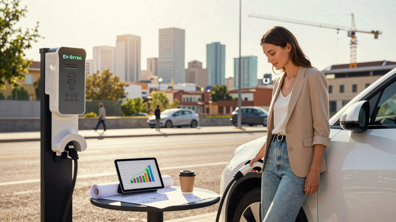 Mulher carregando carro elétrico em estação ao ar livre com tablet e café em mesa próxima.