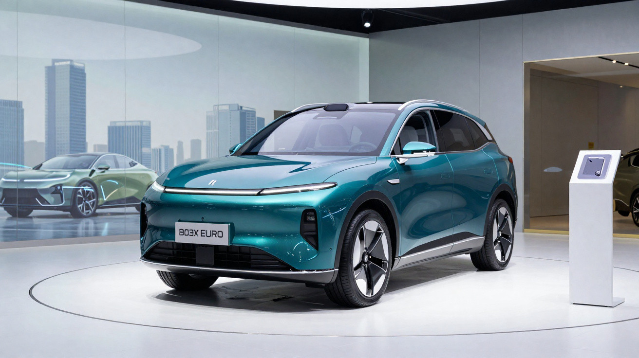 Carro elétrico SUV azul em exposição moderna com painel informativo ao lado, cenário urbano ao fundo.