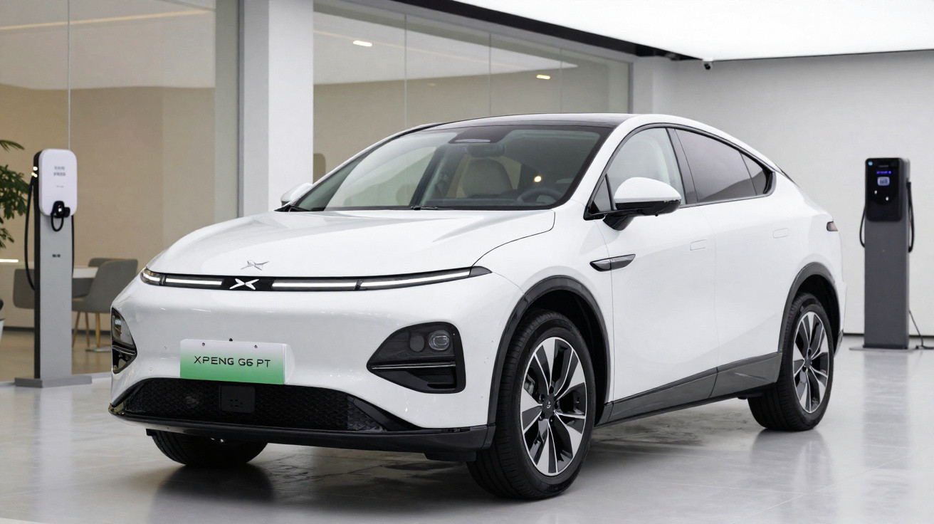 Carro elétrico branco XPeng G6 PT estacionado em showroom com estação de recarga ao fundo.