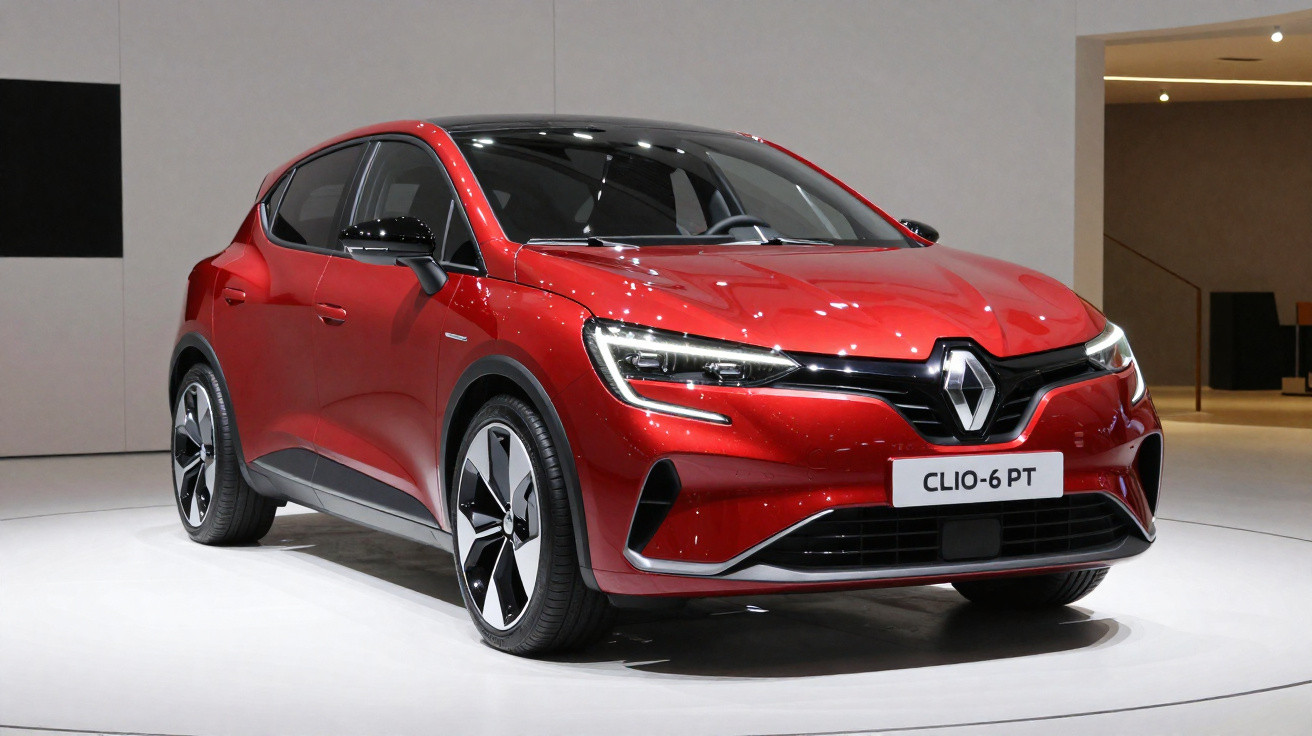 Carro vermelho Renault Clio-6 PT exibido em estande com iluminação branca.