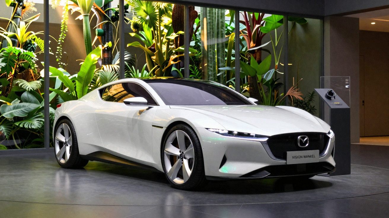 Carro esportivo branco Mazda Vision Wankel exposto em ambiente com plantas tropicais ao fundo.