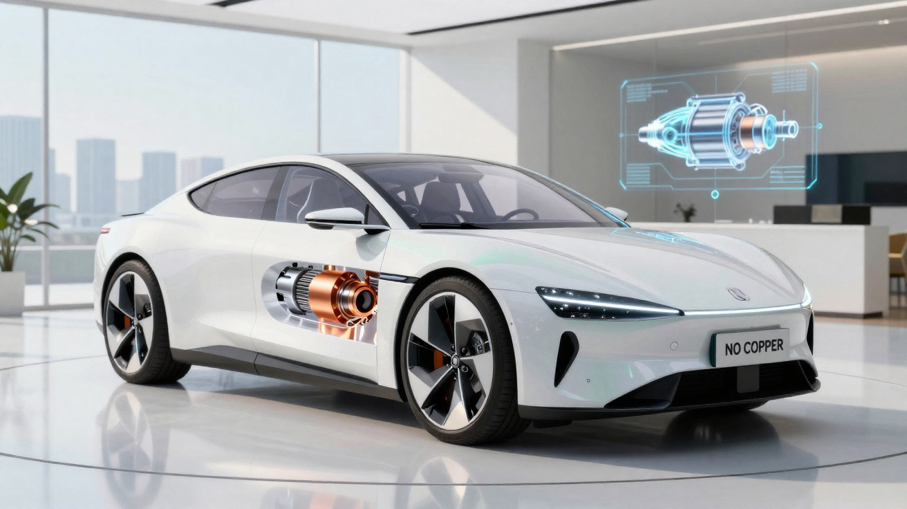 Carro elétrico branco com motor destacado e holograma do motor em ambiente interno moderno.