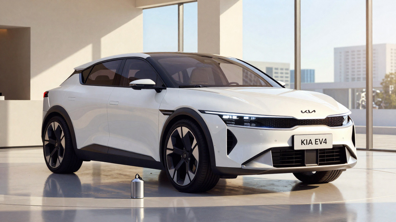 Carro elétrico branco Kia EV4 estacionado em ambiente moderno com janelas grandes.