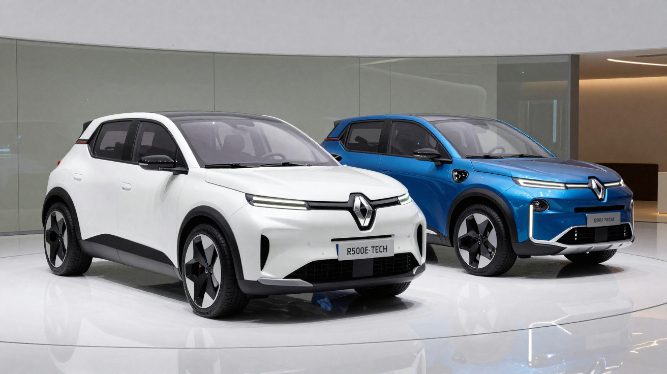 Dois carros elétricos Renault, um branco e um azul, exibidos em salão moderno com chão reflexivo.