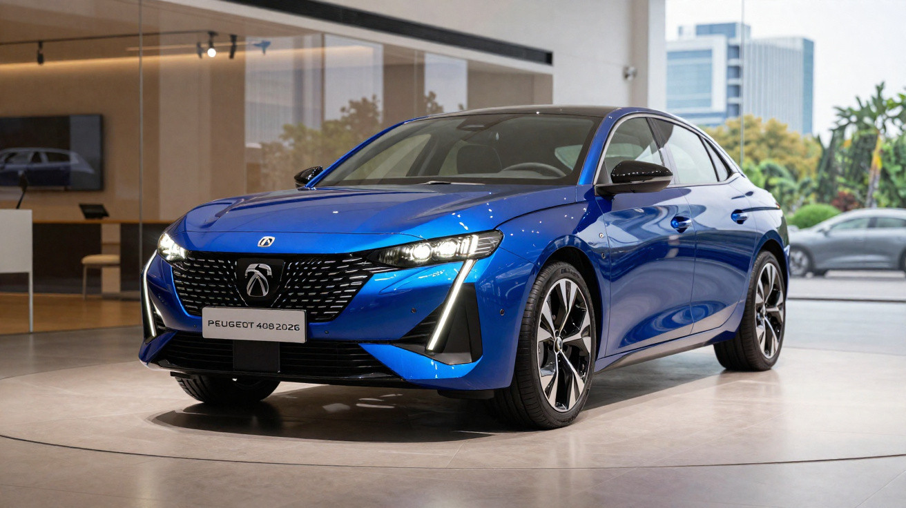 Carro Peugeot 408 2026 azul exposto em showroom moderno com teto solar e rodas grandes.