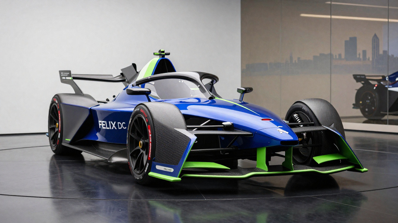 Carro de corrida elétrico azul com detalhes verdes exibido em ambiente moderno e espelhado.