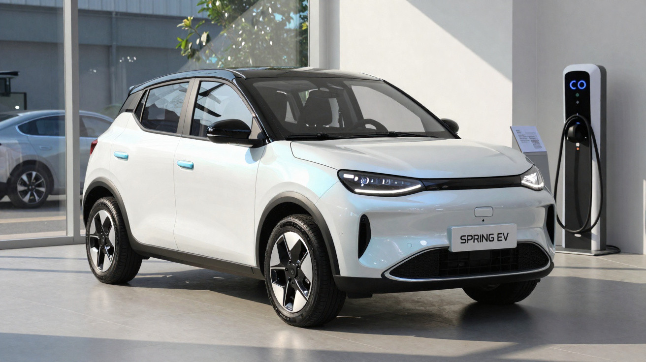Carro elétrico branco Spring EV estacionado próximo a estação de recarga em showroom moderno.