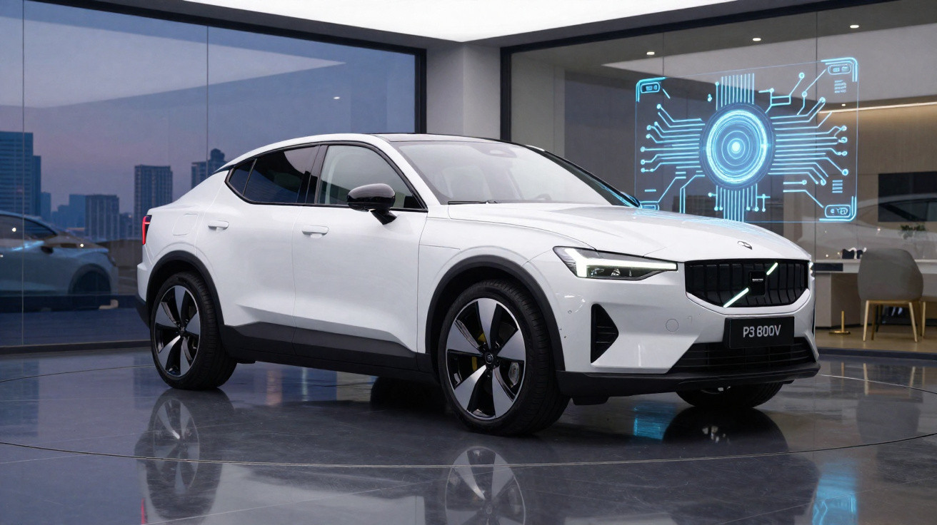 Carro elétrico branco Polestar P3 800V em showroom moderno com holograma tecnológico atrás.