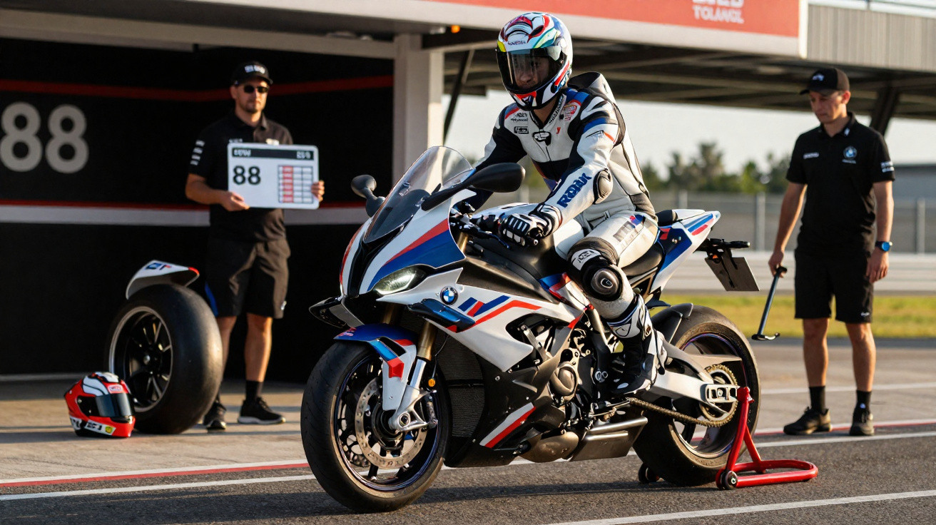 Motociclista com roupa de corrida branco, azul e vermelho em moto BMW branca em pit stop de corrida.