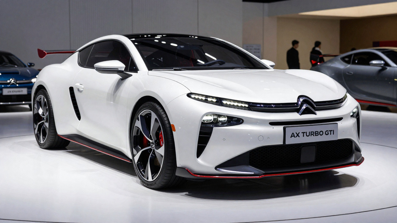 Carro esportivo branco Citroën AX Turbo GTI exposto em salão automotivo com detalhes em vermelho.