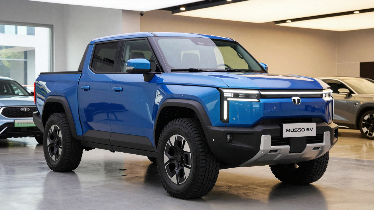 Picape elétrica azul Musso EV estacionada em showroom moderno com piso cinza.