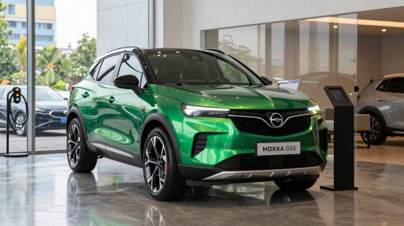 Carro SUV verde Opel Mokka GSE em exposição interna com detalhes em preto e rodas esportivas.