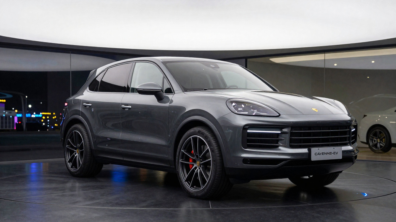 SUV Porsche Cayenne EV cinza exibido em ambiente interno moderno e iluminado.