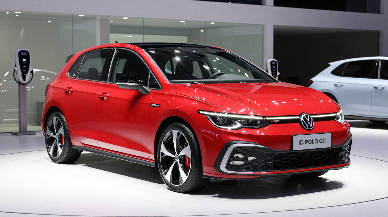 Carro vermelho Volkswagen ID Polo GTI em exposição, vista frontal com rodas esportivas.