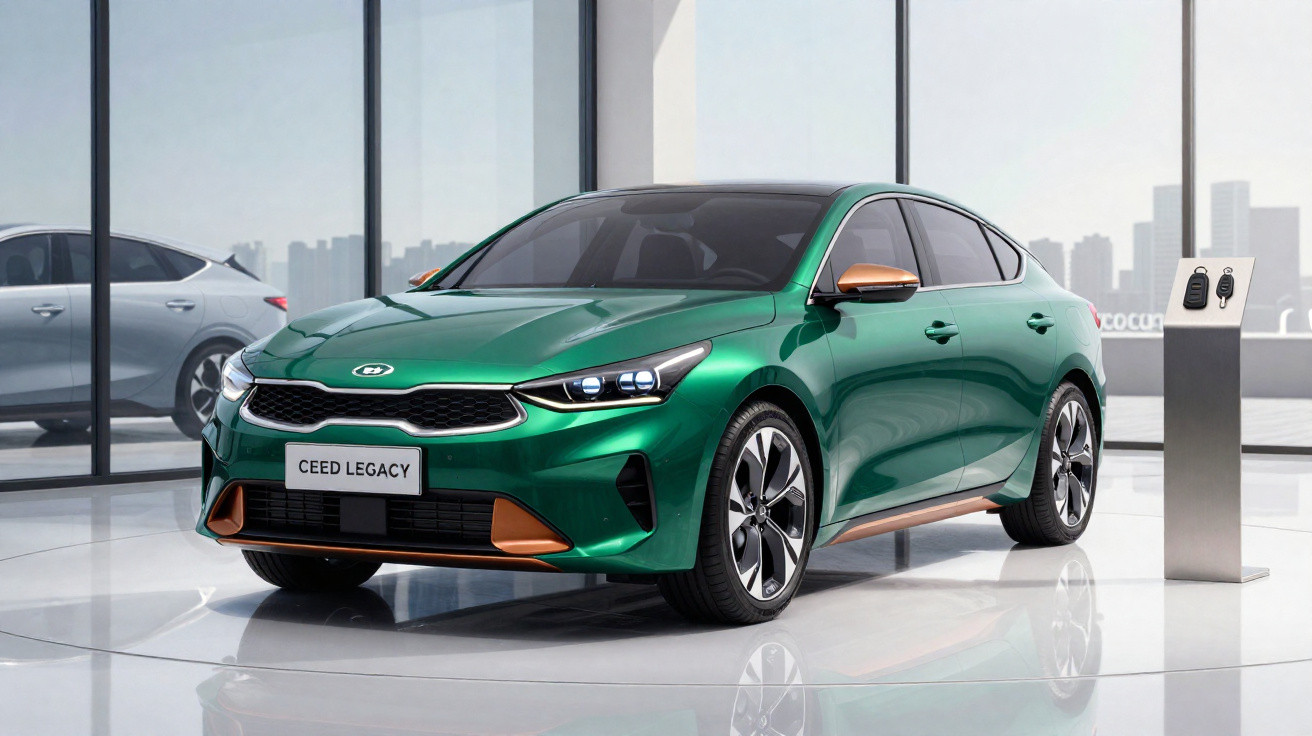 Carro Kia Ceed Legacy verde com detalhes em cobre exibido em salão moderno e iluminado.