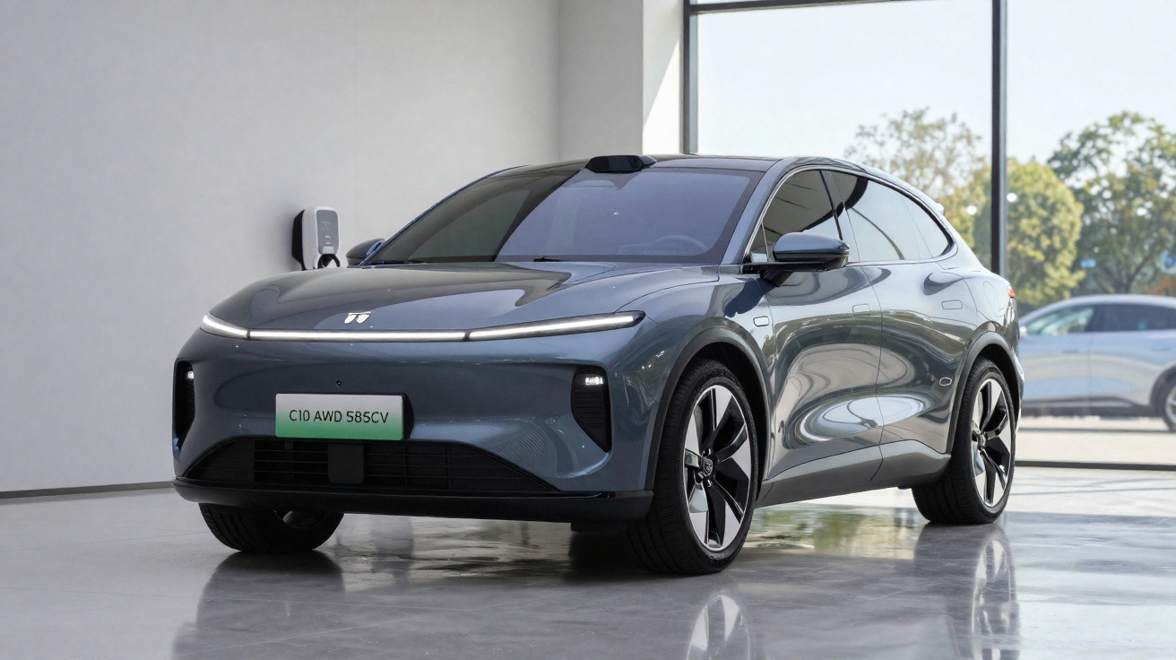 Carro elétrico cinza estacionado em garagem moderna com carregador ligado na parede.