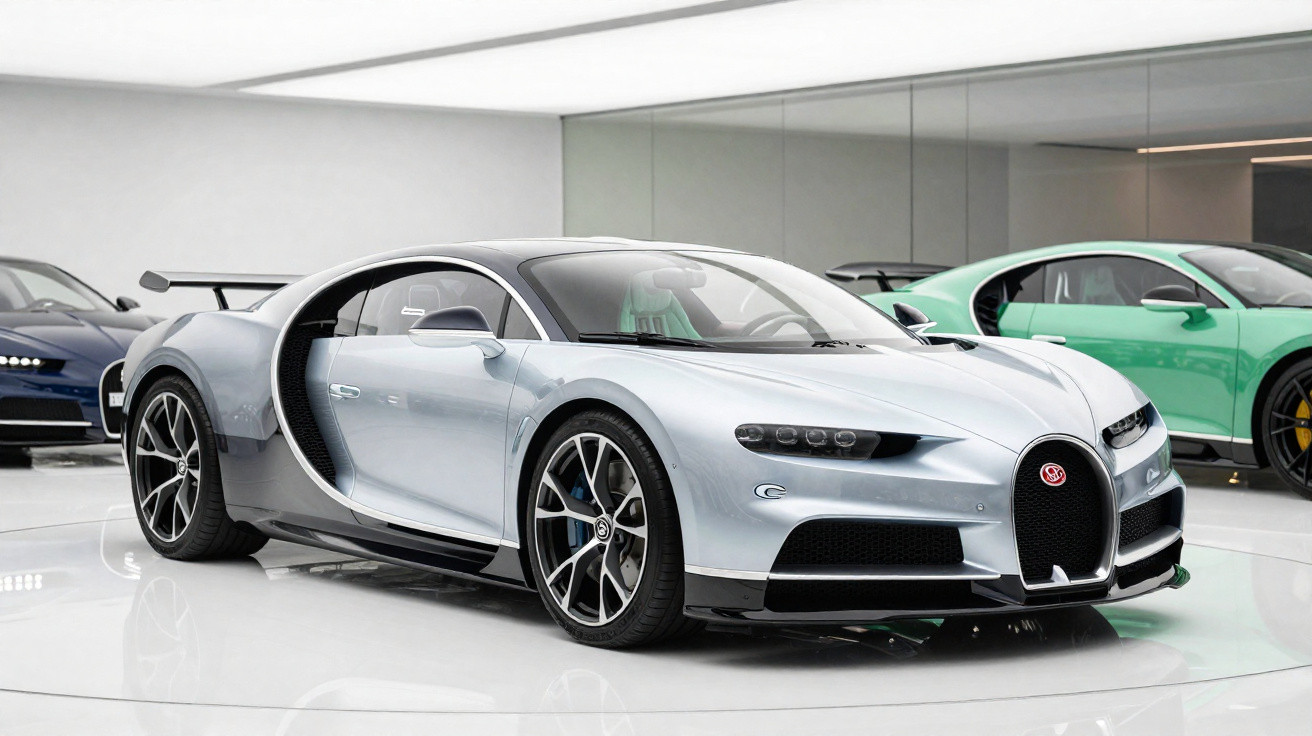 Carro esportivo prata Bugatti Chiron em exposição, com outros carros ao fundo.