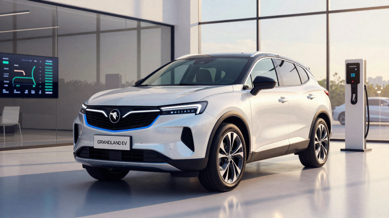 Carro elétrico branco Grandland EV estacionado em showroom moderno com estação de recarga ao lado.