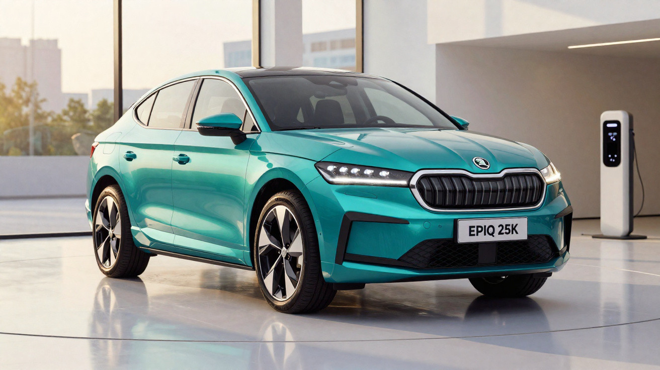 Carro elétrico verde Skoda Epiq 25K estacionado em ambiente interno moderno com estação de recarga.