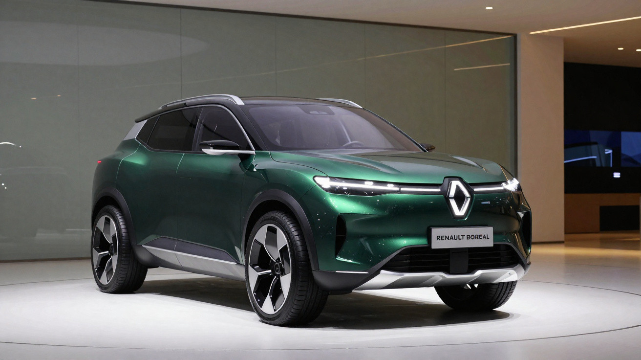 SUV elétrico Renault Boreal verde em exposição interna com design moderno e faróis finos de LED.