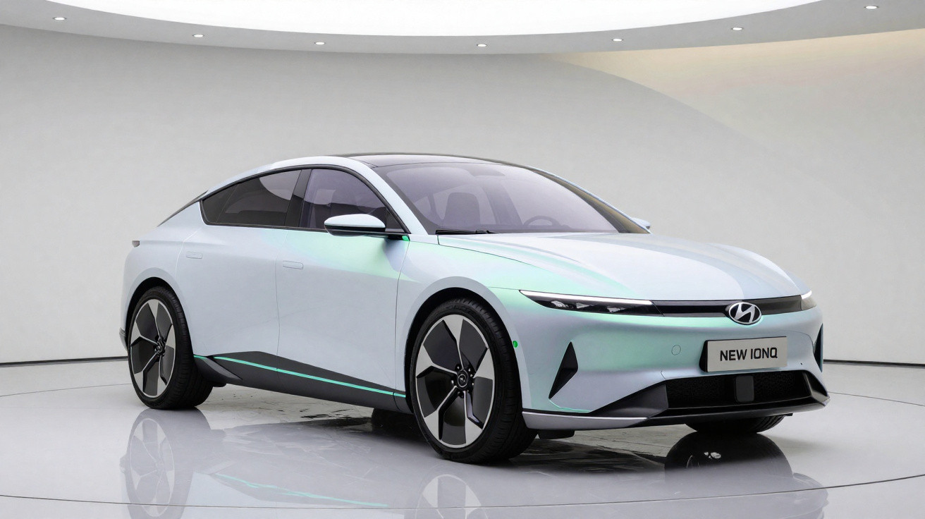 Carro elétrico Hyundai New Ioniq branco exibido em ambiente neutro e iluminado.
