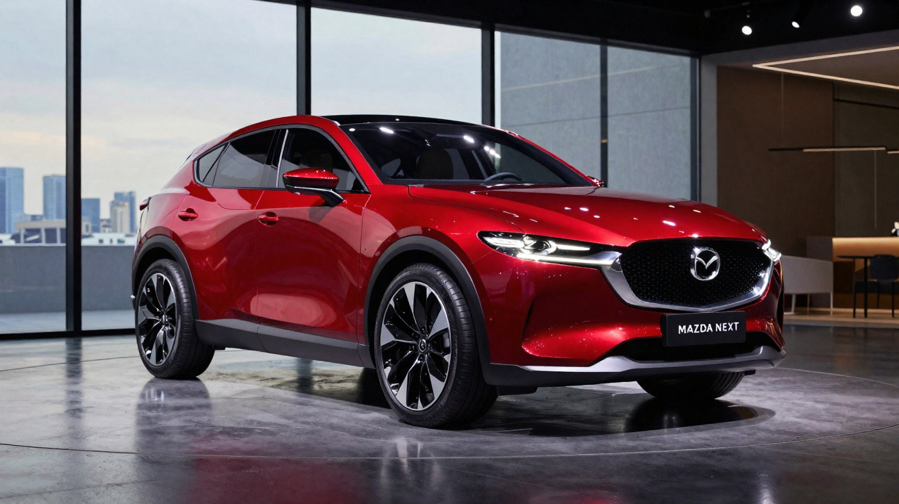 Carro SUV vermelho Mazda Next estacionado em ambiente interno com piso refletivo e janela panorâmica ao fundo.