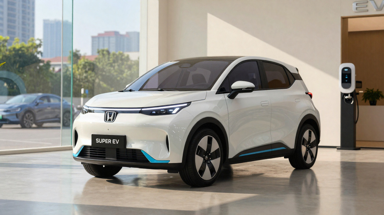 Carro elétrico branco Honda Super EV exibido em showroom moderno com carregador elétrico ao fundo.