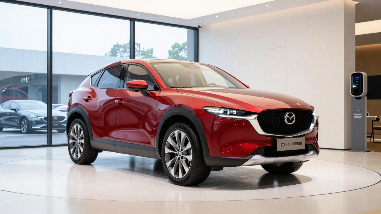 Carro SUV vermelho Mazda CX-30 híbrido exibido em showroom moderno com grandes janelas e piso branco.