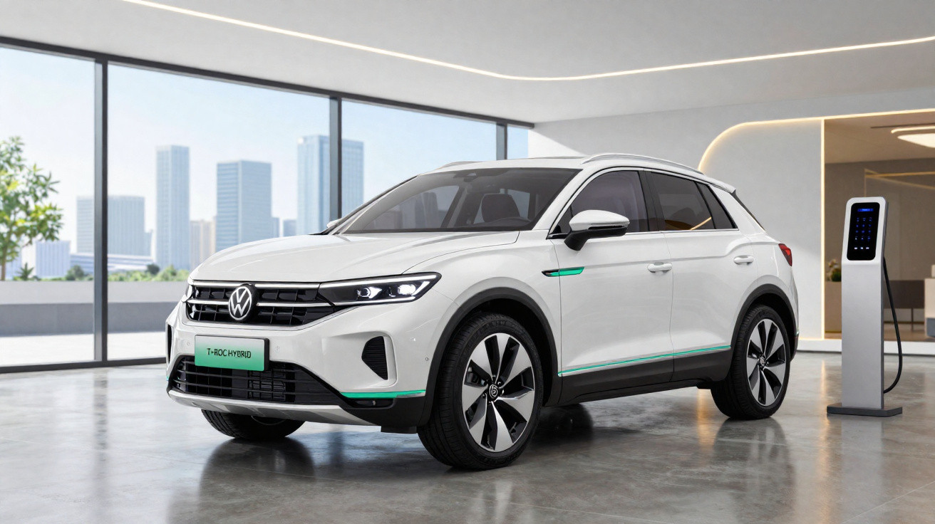 Carro elétrico branco Volkswagen T-Roc hybrid em ambiente interno moderno com estação de recarga ao lado.