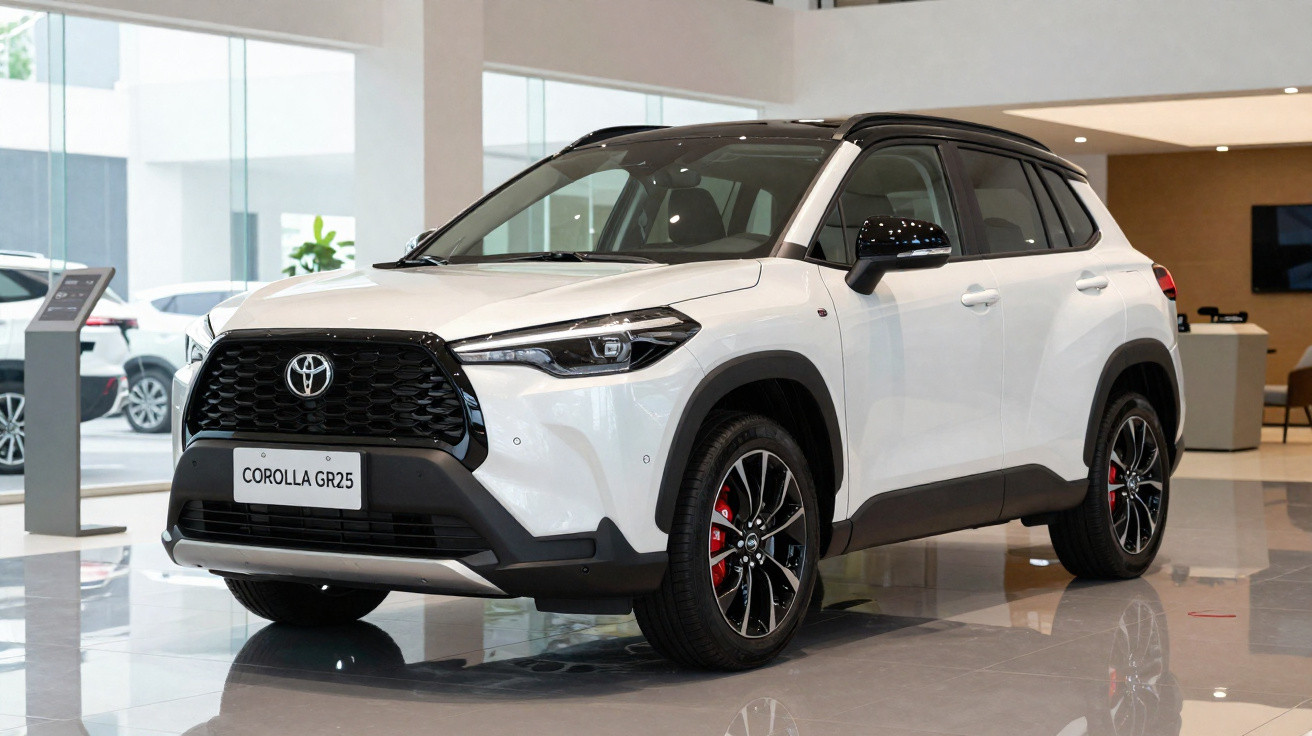 Carro SUV branco Toyota Corolla GR25 exibido em showroom moderno com teto preto e detalhes em preto.
