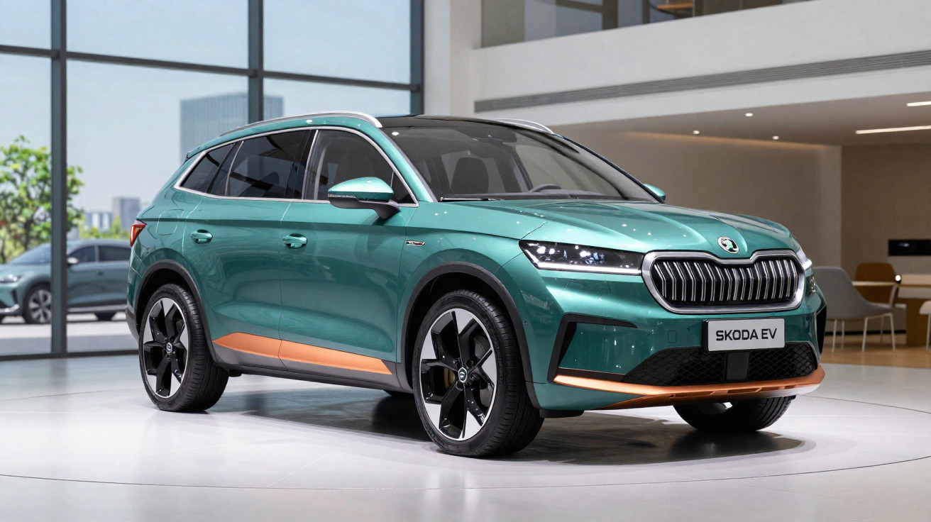 Carro elétrico Škoda EV verde com detalhes em laranja, exibido em showroom moderno e iluminado.