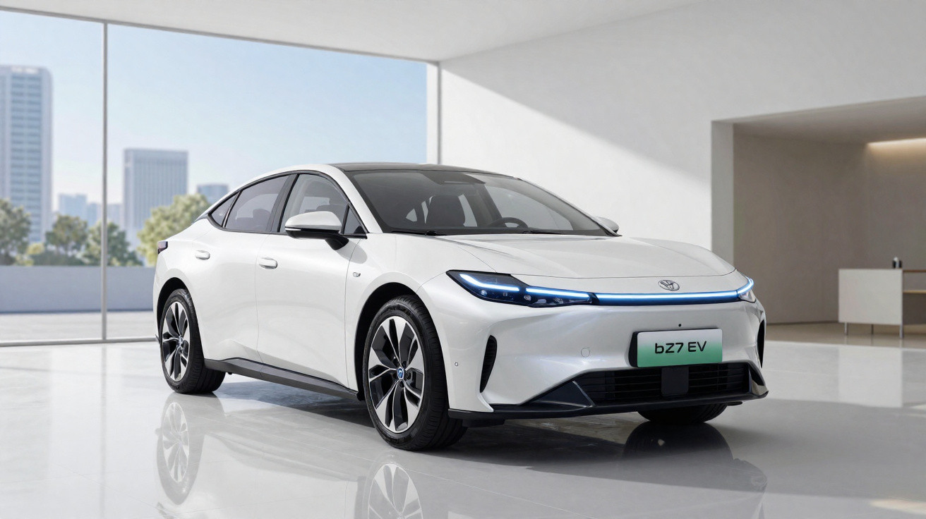 Carro elétrico branco Toyota bZ7 EV estacionado em ambiente interno moderno e iluminado.