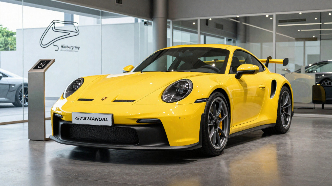 Carro esportivo amarelo Porsche GT3 Manual estacionado em showroom moderno com piso cinza.