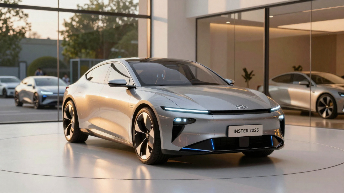 Carro elétrico prata moderno estacionado em ambiente interno com vidro refletindo outro veículo similar.